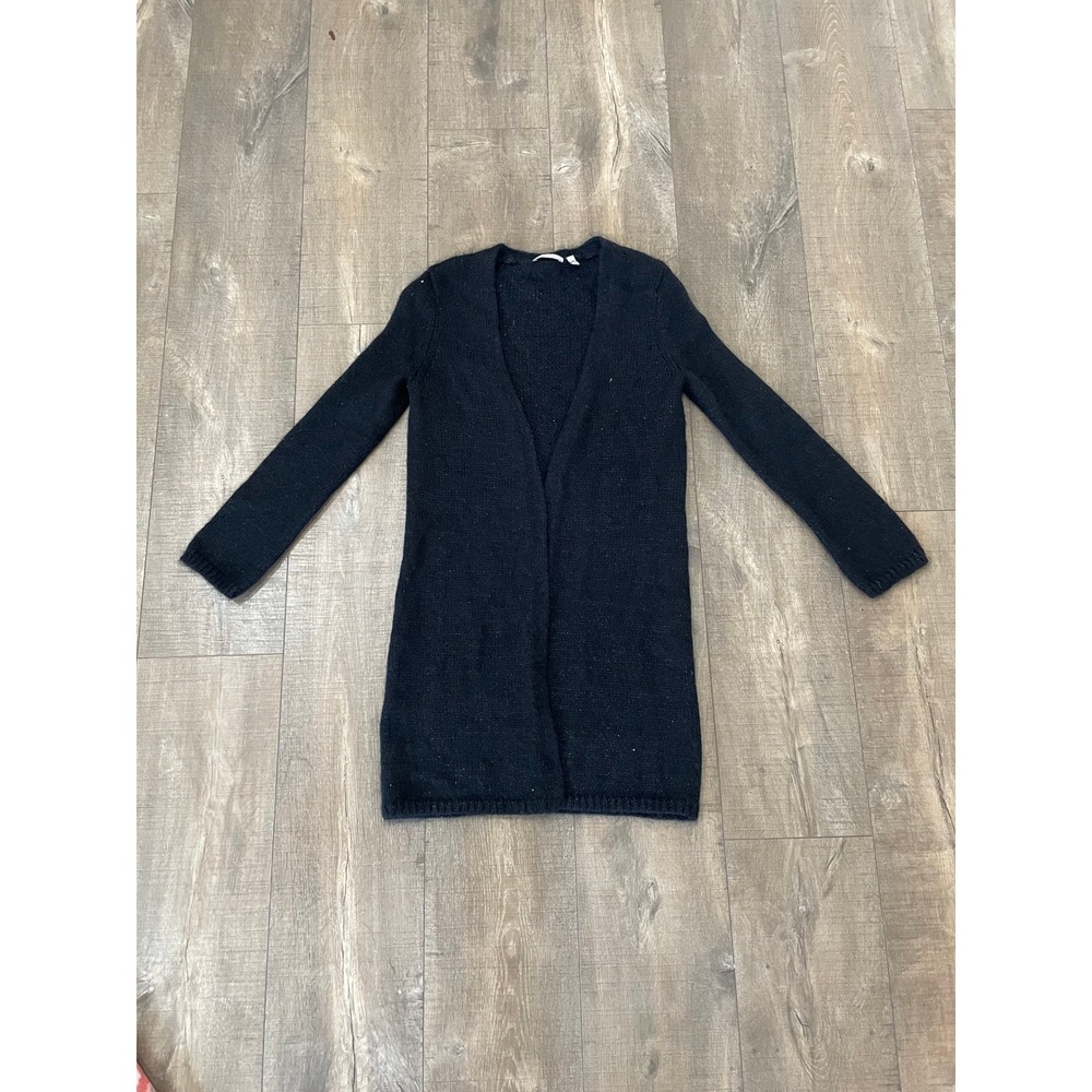 Vtg Anne Klein Petite Cardigan XS Black Cozy Merino Mohair Shimmer Longline Open